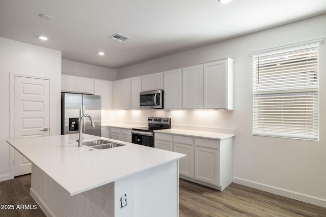 kitchen with an island with sink, appliances with stainless steel finishes, sink, and white cabinets