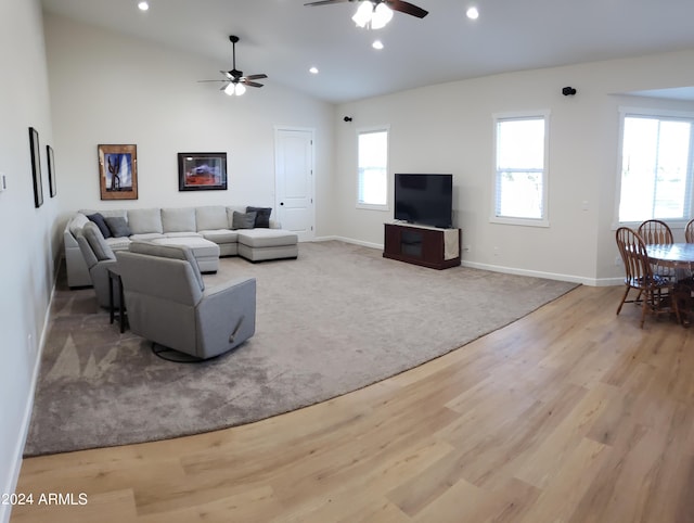 2060 E Quartz St, Mesa, AZ 85213 - living room featuring a ceiling fan, wood finished floors, baseboards, lofted ceiling, and recessed lighting