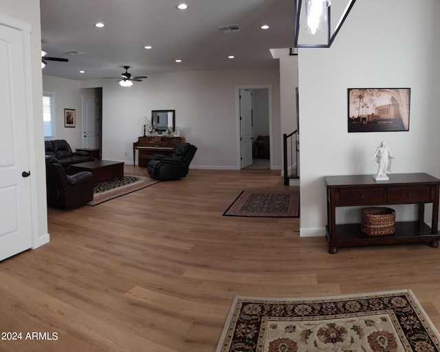 2060 E Quartz St, Mesa, AZ 85213 - living room with a ceiling fan, light wood-type flooring, baseboards, stairway, and recessed lighting