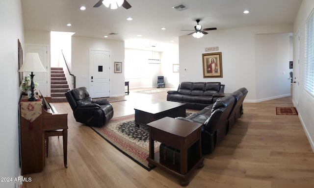 2060 E Quartz St, Mesa, AZ 85213 - living area with ceiling fan, light wood finished floors, baseboards, recessed lighting, and stairway