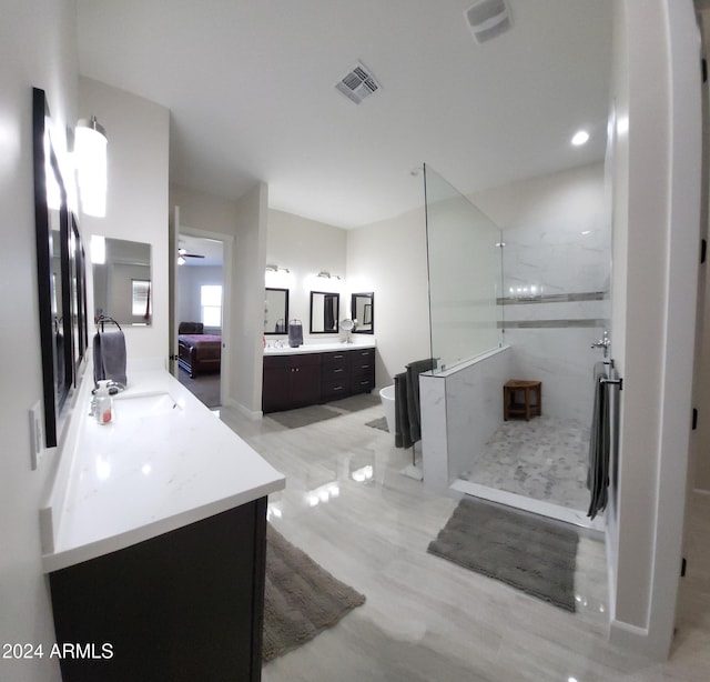 2060 E Quartz St, Mesa, AZ 85213 - bathroom featuring vanity, a walk in shower, a ceiling fan, and ensuite bath