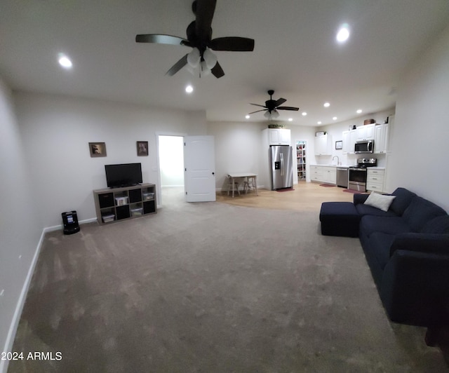 2060 E Quartz St, Mesa, AZ 85213 - living room featuring recessed lighting, light colored carpet, a ceiling fan, and baseboards