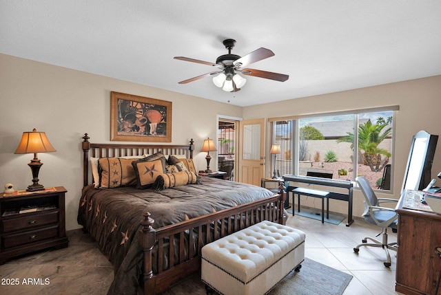 bedroom with light tile patterned flooring and a ceiling fan