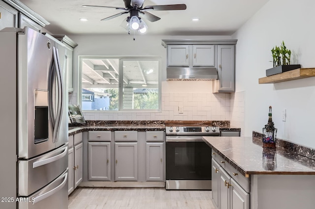 5827 N 22nd Dr, Phoenix, AZ 85015 - kitchen with stainless steel appliances, gray cabinets, under cabinet range hood, a ceiling fan, and backsplash