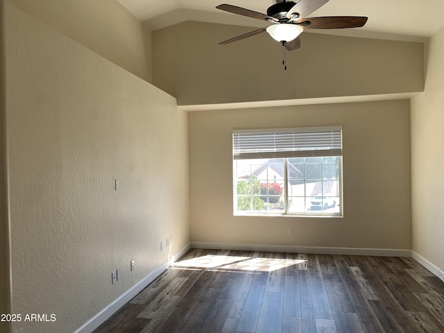unfurnished room featuring high vaulted ceiling, a ceiling fan, baseboards, and wood finished floors