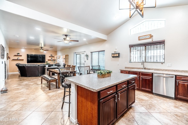 3511 W Allens Peak Dr, San Tan Valley, AZ 85144 - kitchen with stainless steel dishwasher, a sink, light countertops, light tile patterned floors, and high vaulted ceiling
