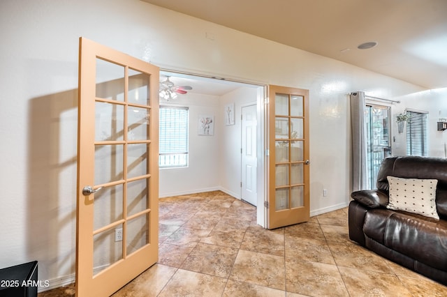 3511 W Allens Peak Dr, San Tan Valley, AZ 85144 - living room with french doors and ceiling fan