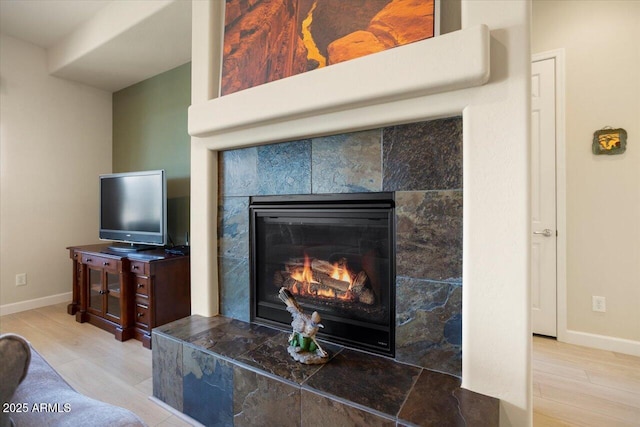 room details with a tiled fireplace and hardwood / wood-style flooring