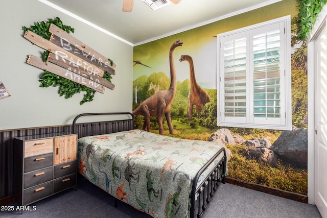 carpeted bedroom with ceiling fan, visible vents, and crown molding