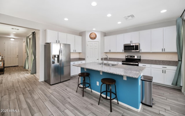 kitchen featuring visible vents, a sink, a kitchen breakfast bar, white cabinetry, and appliances with stainless steel finishes