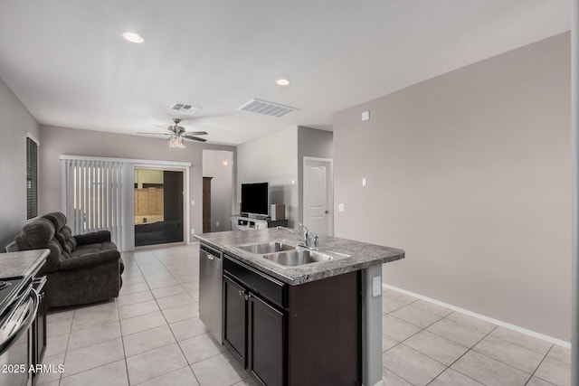 kitchen with open floor plan, visible vents, a sink, and stainless steel dishwasher