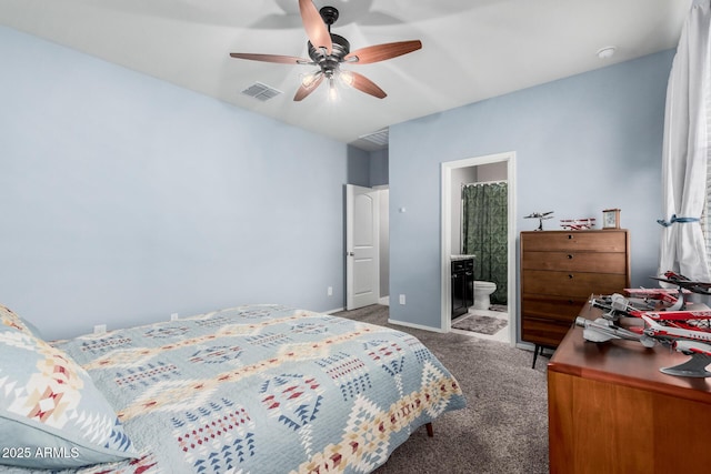 bedroom with connected bathroom, carpet floors, a ceiling fan, visible vents, and baseboards