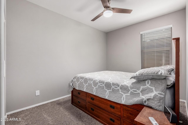 bedroom featuring ceiling fan, carpet floors, and baseboards