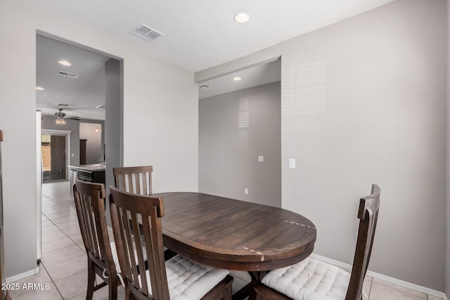 dining room featuring light tile patterned floors, a ceiling fan, visible vents, and recessed lighting