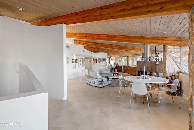 dining room featuring beamed ceiling and wood ceiling