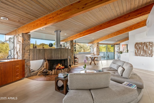 living room featuring wood ceiling, light hardwood / wood-style flooring, and beamed ceiling