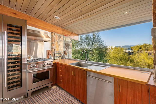 kitchen with sink, wood ceiling, appliances with stainless steel finishes, beam ceiling, and extractor fan