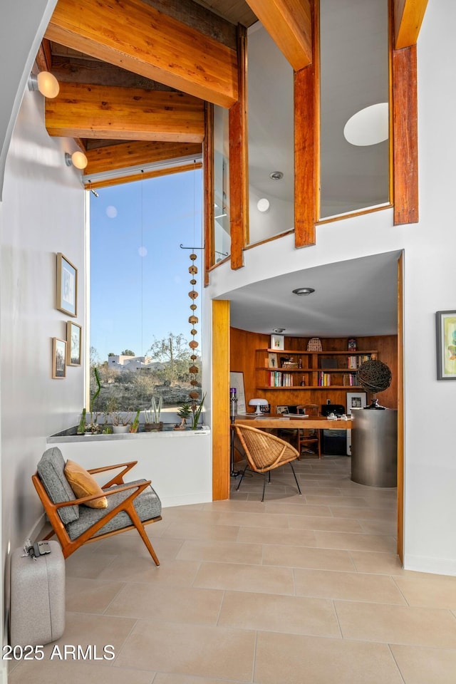 hallway with beam ceiling