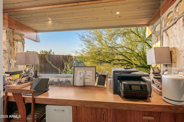 exterior space with wood ceiling, a wall of windows, and hardwood / wood-style floors