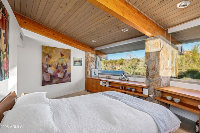 bedroom featuring beamed ceiling, wood ceiling, and multiple windows