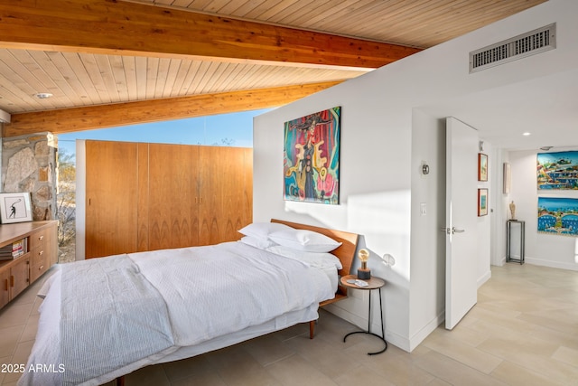 bedroom with wooden ceiling and beamed ceiling