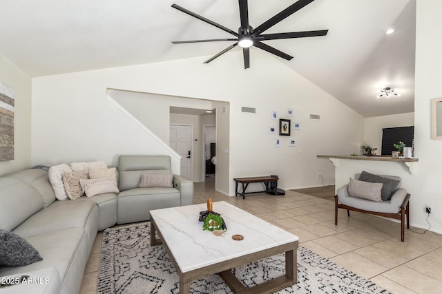 19230 N 5th St, Phoenix, AZ 85024 - living area featuring ceiling fan, light tile patterned flooring, and high vaulted ceiling