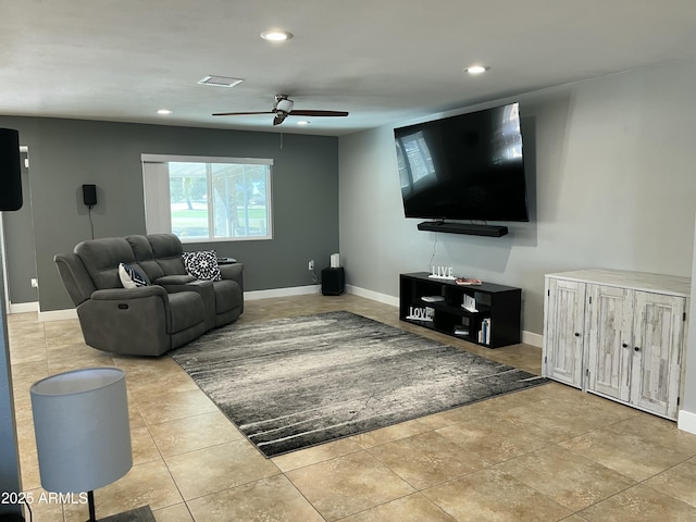 tiled living room with baseboards, ceiling fan, visible vents, and recessed lighting