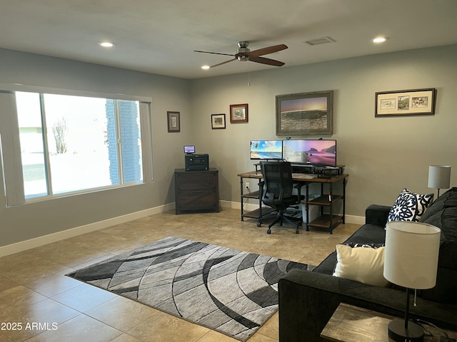 tiled office space featuring recessed lighting, visible vents, and baseboards