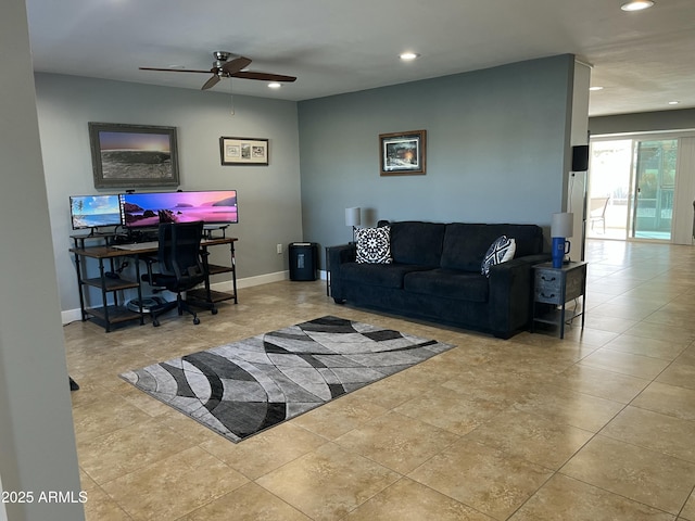 tiled living room with baseboards, a ceiling fan, and recessed lighting