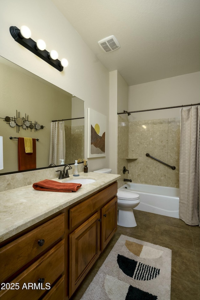 bathroom with shower / tub combo, visible vents, toilet, tile patterned floors, and vanity