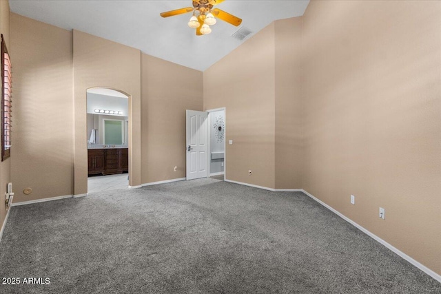 10235 E Jerome Ave, Mesa, AZ 85209 - spare room with high vaulted ceiling, ceiling fan, and carpet floors