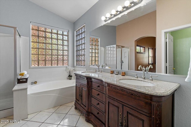 10235 E Jerome Ave, Mesa, AZ 85209 - full bath with a garden tub, lofted ceiling, double vanity, and a shower