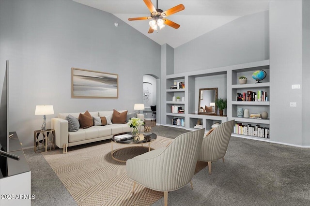 10235 E Jerome Ave, Mesa, AZ 85209 - carpeted living room with high vaulted ceiling, ceiling fan, and built in features