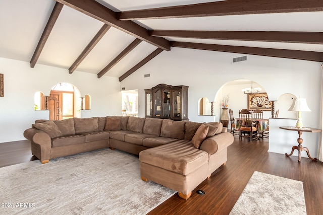 living room featuring a notable chandelier, beamed ceiling, high vaulted ceiling, and dark hardwood / wood-style flooring