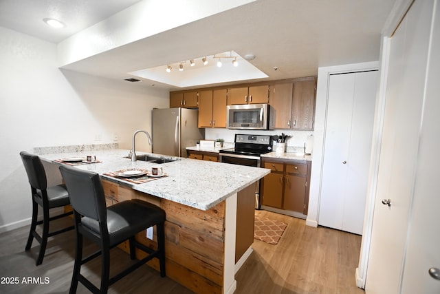 7777 E Main St Unit 227, Scottsdale, AZ 85251 - kitchen with stainless steel appliances, a peninsula, light wood-type flooring, a raised ceiling, and a breakfast bar