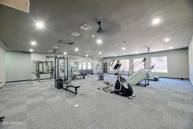 gym with visible vents, recessed lighting, baseboards, and carpet floors