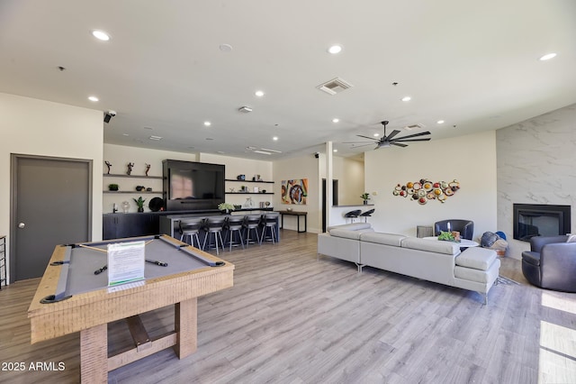 living area featuring recessed lighting, billiards, and visible vents