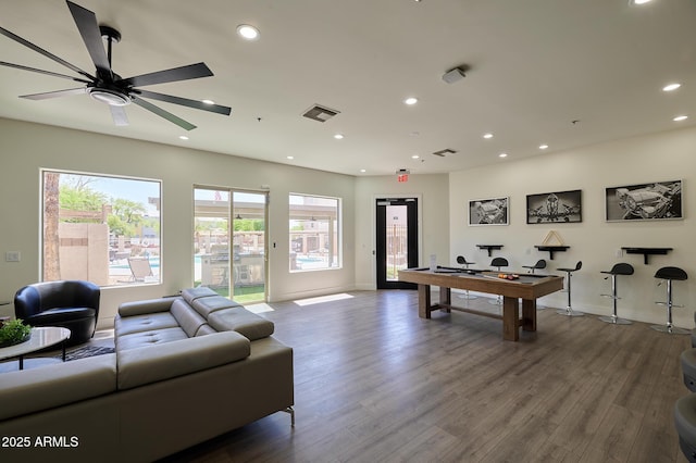rec room featuring wood finished floors, visible vents, billiards, and recessed lighting
