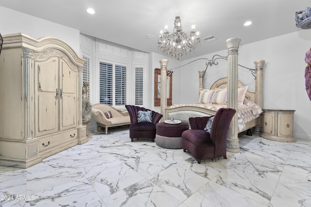 bedroom featuring a notable chandelier