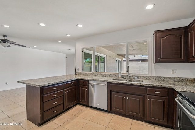 2519 E Geneva Dr, Tempe, AZ 85282 - kitchen featuring stainless steel dishwasher, dark brown cabinetry, a peninsula, a ceiling fan, and recessed lighting