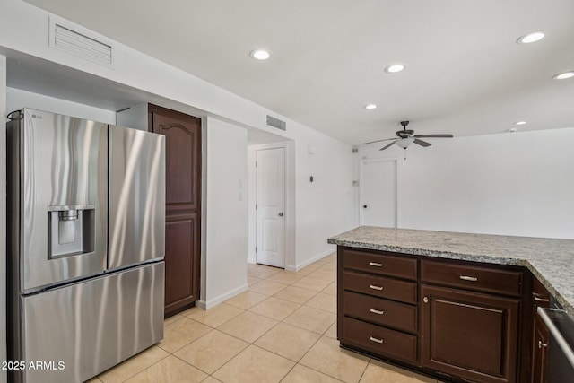 2519 E Geneva Dr, Tempe, AZ 85282 - kitchen featuring stainless steel appliances, ceiling fan, light tile patterned floors, dark brown cabinets, and recessed lighting