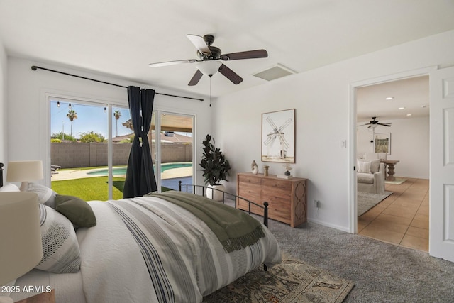 2519 E Geneva Dr, Tempe, AZ 85282 - carpeted bedroom featuring access to outside, tile patterned floors, recessed lighting, and a ceiling fan