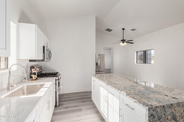 kitchen with light stone countertops, appliances with stainless steel finishes, vaulted ceiling, ceiling fan, and sink