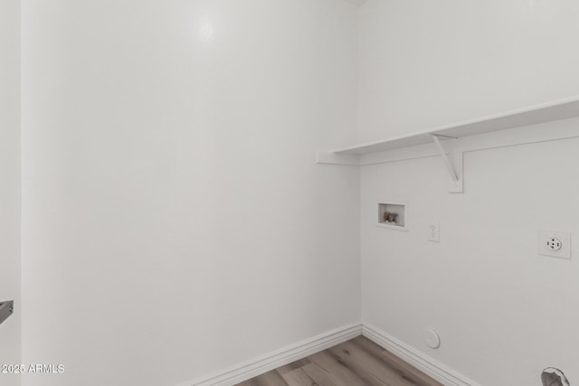 laundry area with hookup for an electric dryer, washer hookup, hookup for a gas dryer, and light hardwood / wood-style flooring