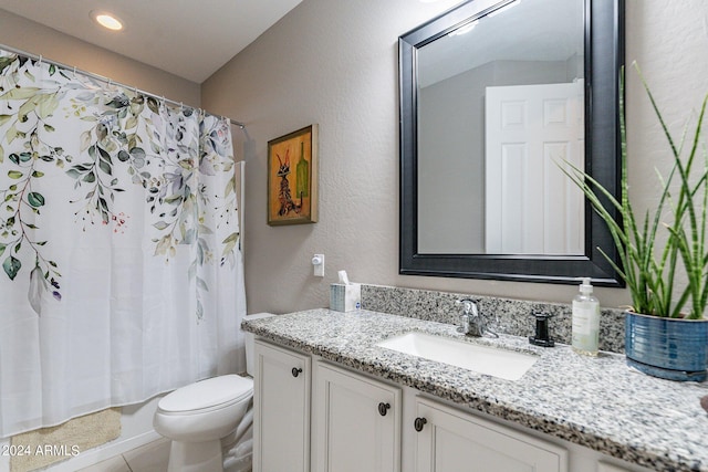 full bathroom featuring shower / bath combo, a textured wall, toilet, tile patterned flooring, and vanity