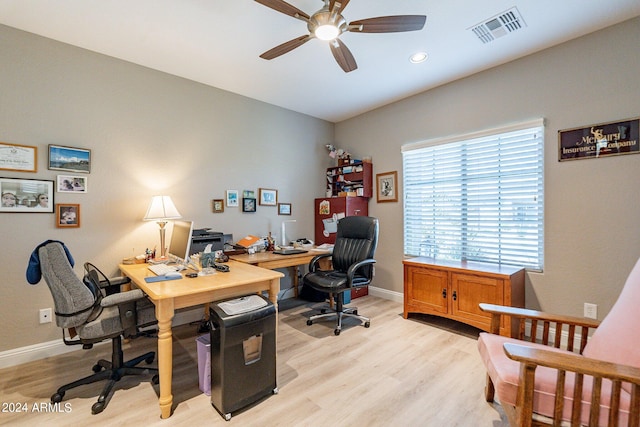 office area featuring ceiling fan and light hardwood / wood-style floors