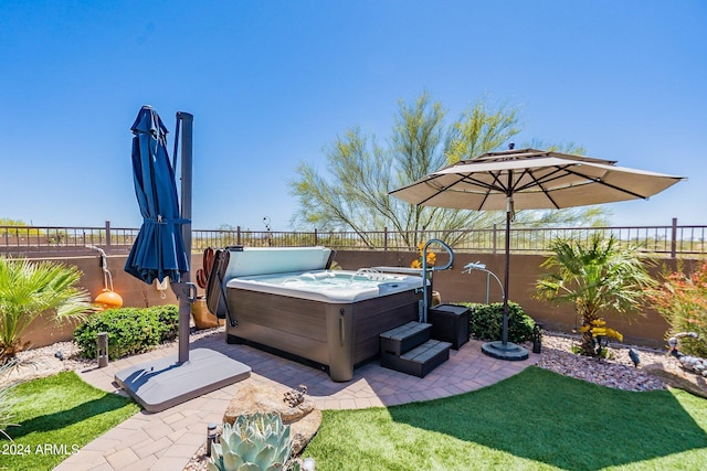 view of patio featuring a fenced backyard and a hot tub