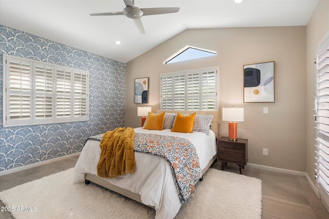 9915 E Cinnabar Ave, Scottsdale, AZ 85258 - bedroom with recessed lighting, wallpapered walls, lofted ceiling, and baseboards