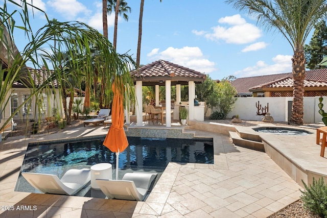 9915 E Cinnabar Ave, Scottsdale, AZ 85258 - view of pool featuring a gazebo, a patio area, a fenced backyard, a hot tub, and a fenced in pool