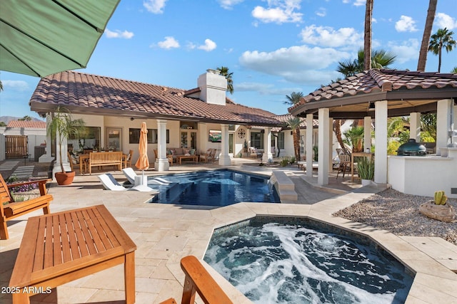 9915 E Cinnabar Ave, Scottsdale, AZ 85258 - outdoor pool featuring a gazebo, an in ground hot tub, outdoor lounge area, area for grilling, and a patio
